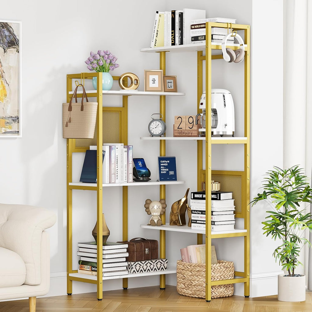 Gezen 6-Tier Ajustable Corner Bookshelf Modern Wood Bookcase for Home Office, Open Standing Shelf with Metal Frame, Wood and Metal Corner Bookcase for Living Room/Study Room/Bedroom(White, Gold)