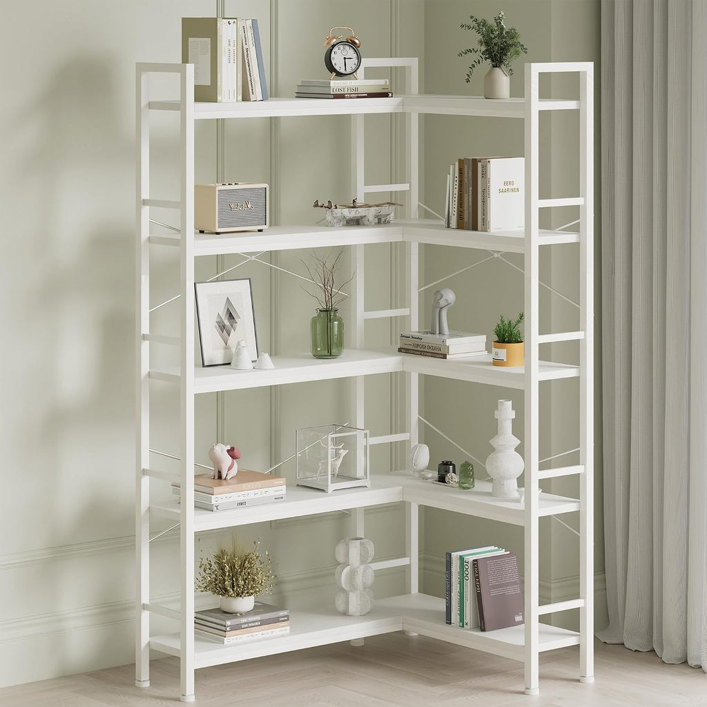 5-Shelf Corner Bookshelf, Large Open Shelf Bookcase,White Metal Frame, L-Shaped Storage Rack with Cross Braces for Living Room Home Office