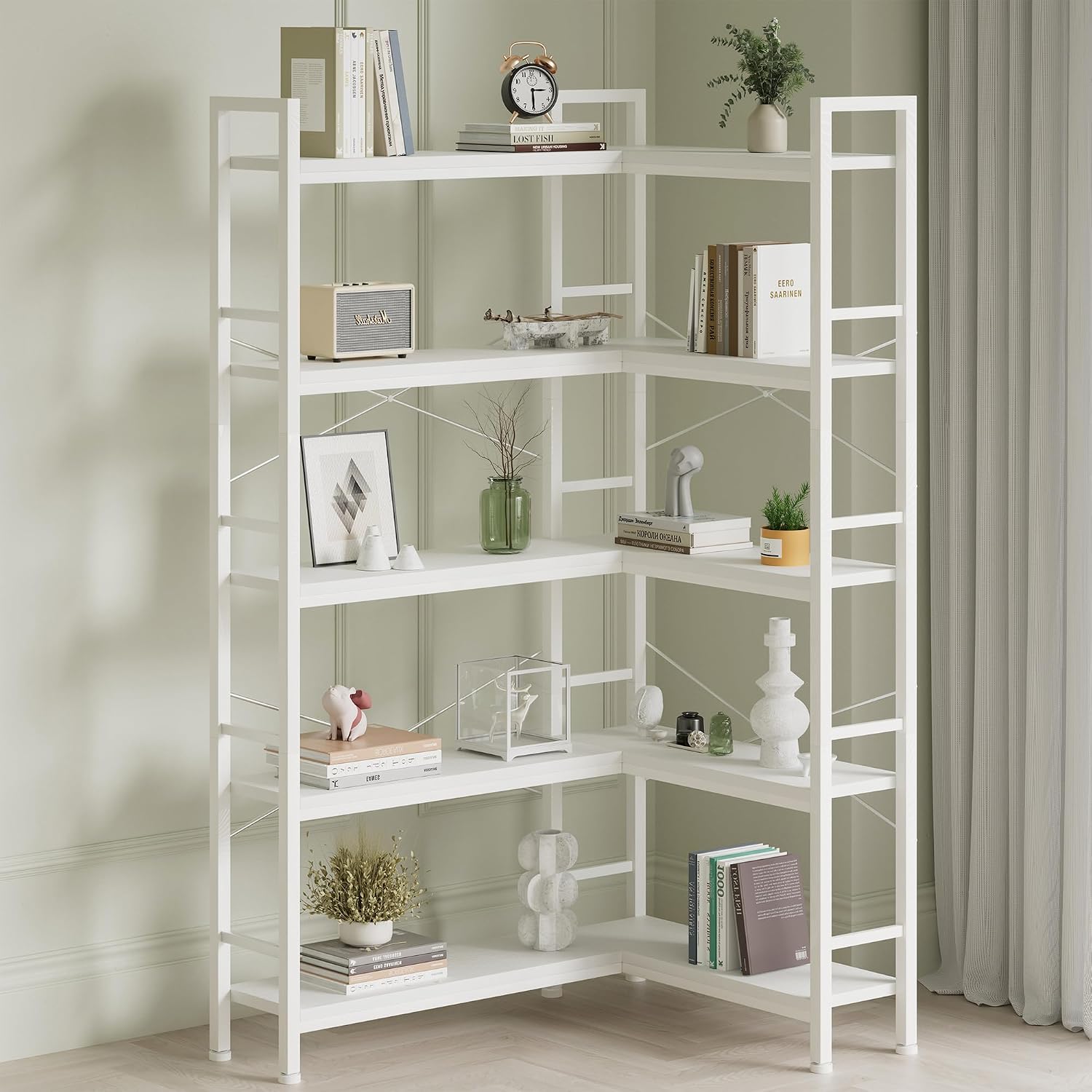5-Shelf Corner Bookshelf, Large Open Shelf Bookcase,White Metal Frame, L-Shaped Storage Rack with Cross Braces for Living Room Home Office