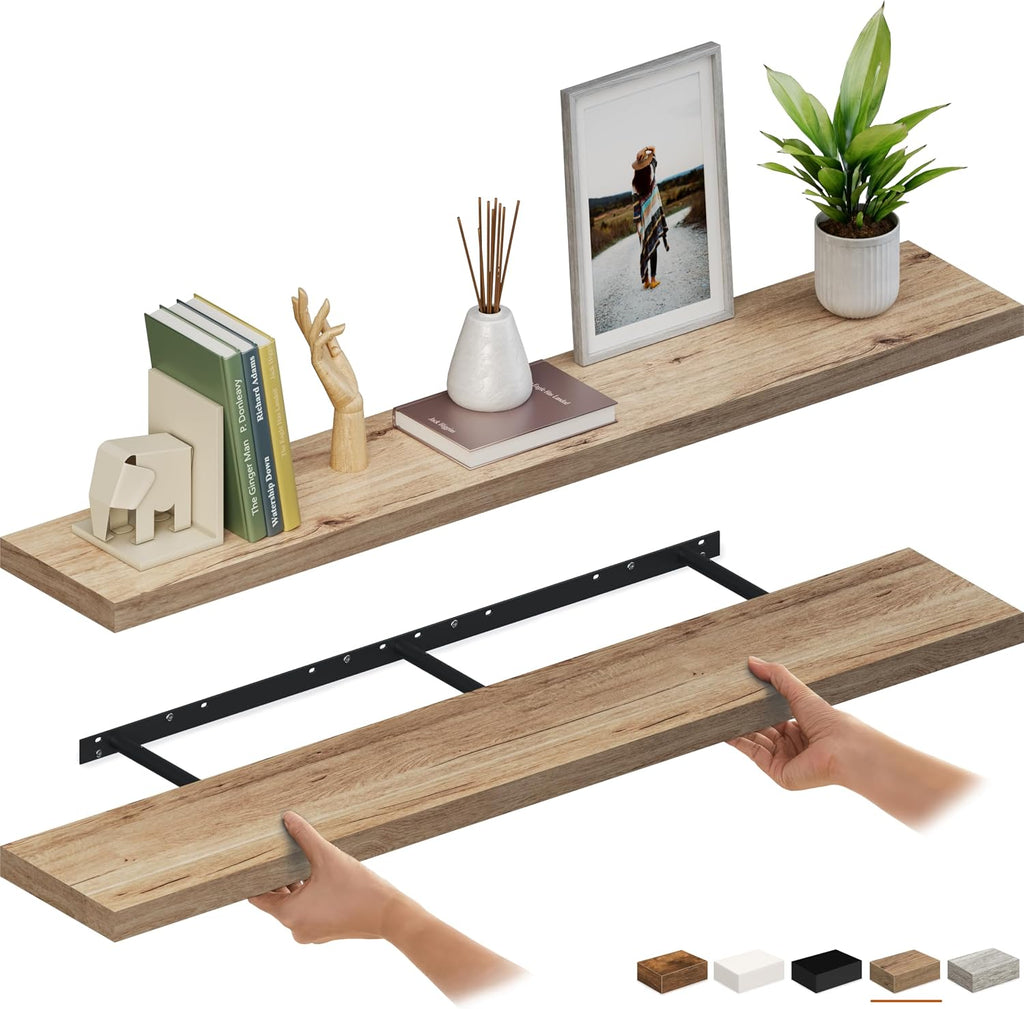 Ballucci Floating Shelves for Wall, 60' Wood Wall Shelf Set of 2, with Invisible Brackets for Bathroom, Living Room, Bedroom, Kitchen, Nursery, 8' Deep, Oak Finish