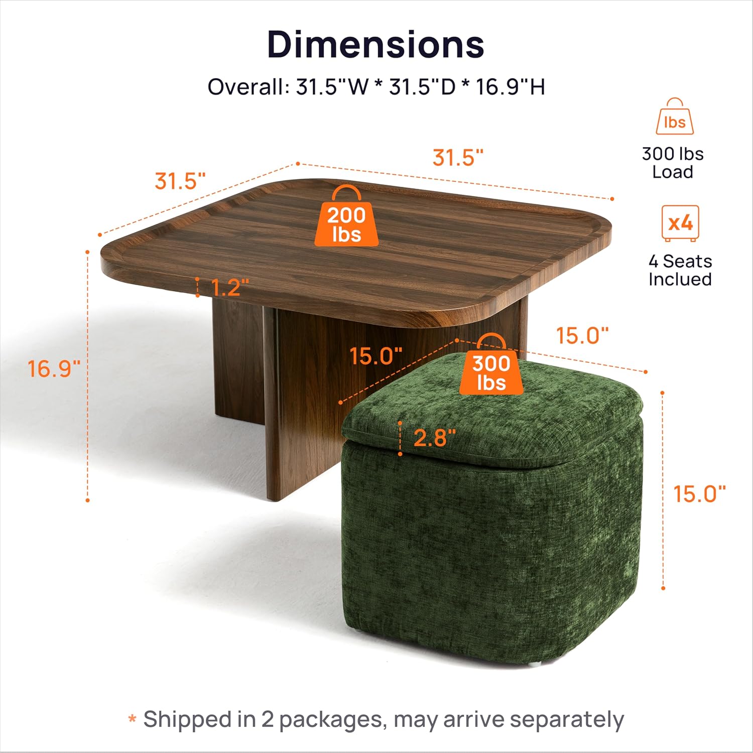 Square Coffee Table with Stools Underneath, Wood Ottoman Coffee Tables with 4 Chenille Storage Ottomans & Seats, Mid-Century Modern Coffee Table with Chairs for Living Room, Small Space, Walnut&Green