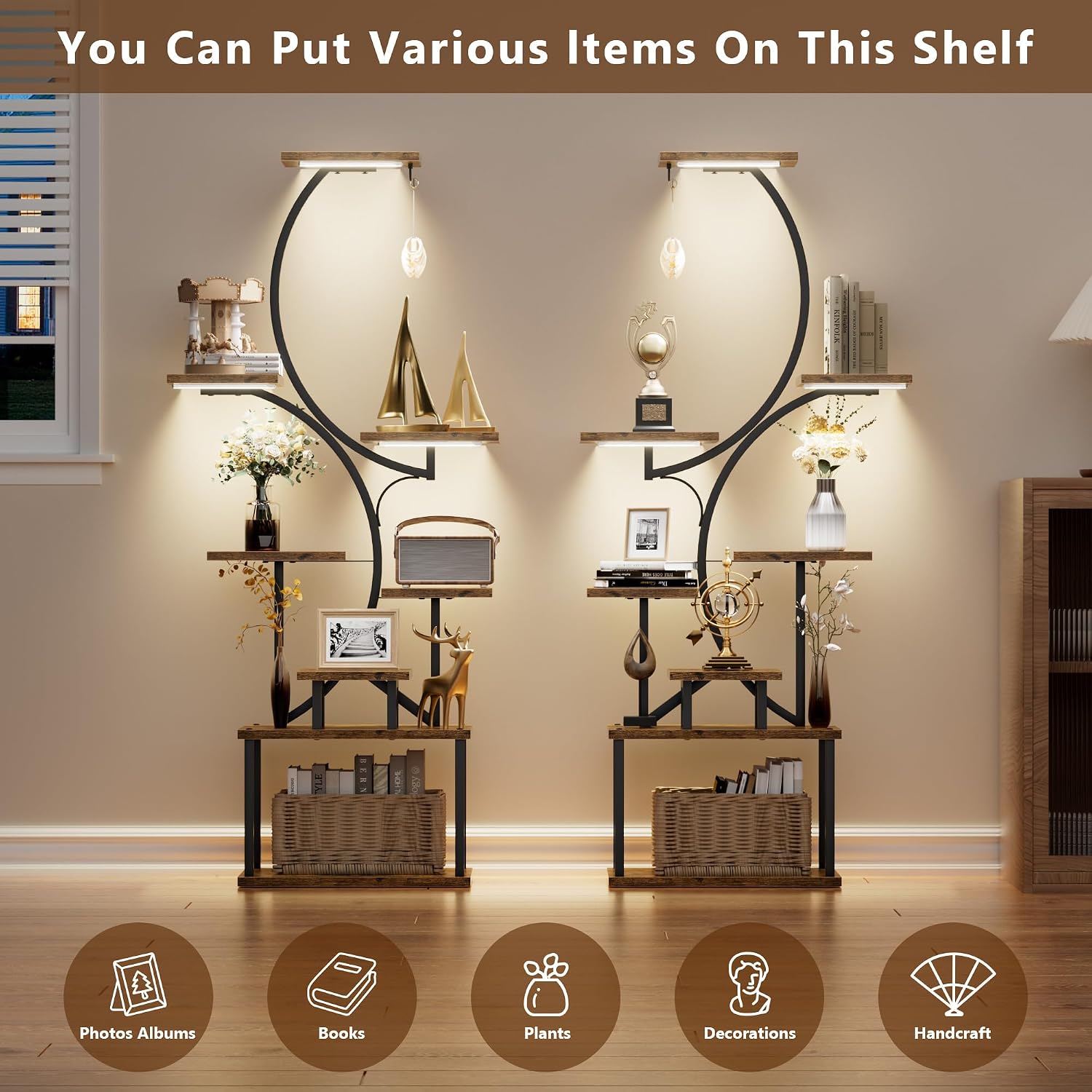Bookshelf with Lights, 2 Pack Ladder Shelf, 62' Tall Corner Book Shelf, 8 Tier Arched Home Storage Bookcase, Unique Display Book Organizer for Collectibles, Modern Libreros for Livingroom Beedroom
