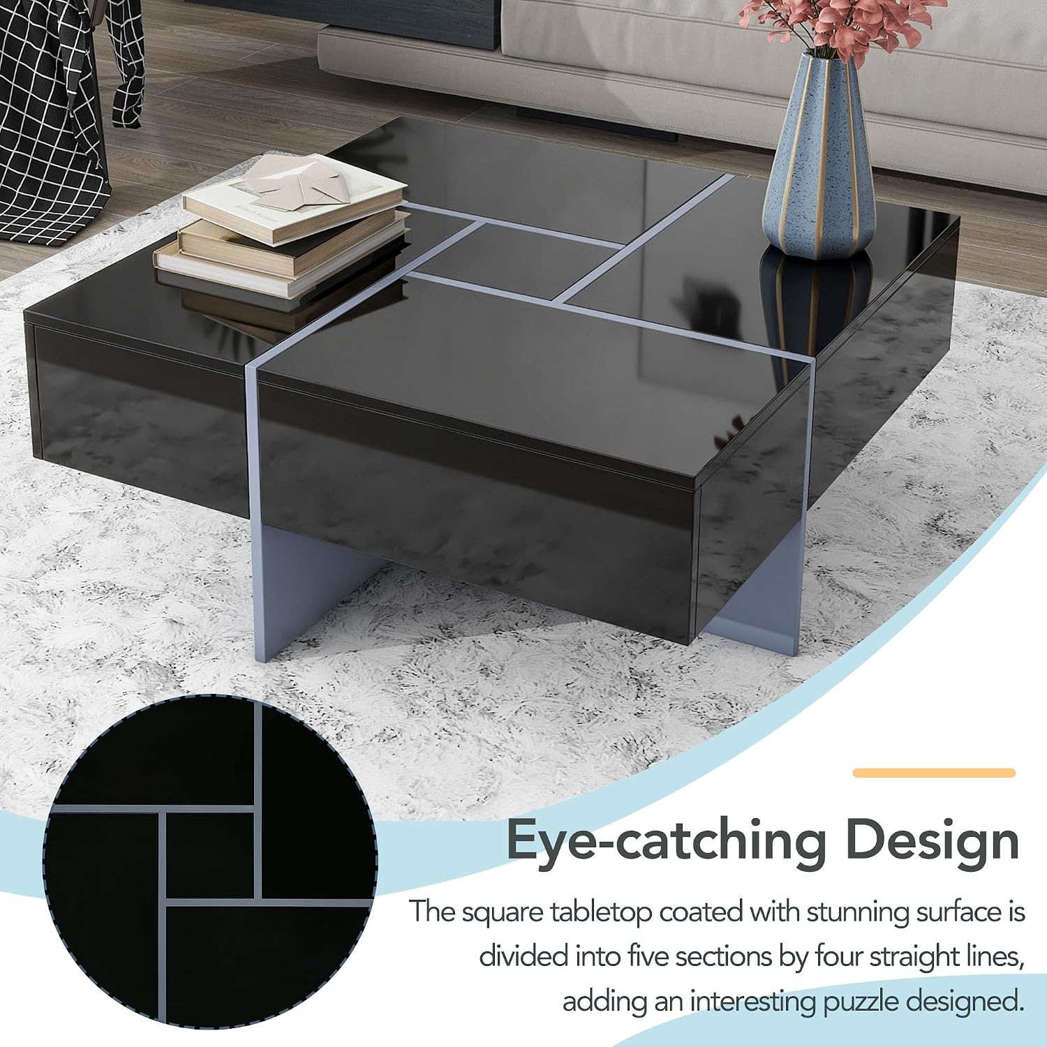 Merax Modern Square Coffee Table with 4 Hidden Storage Compartments, UV High-Gloss Design for Living Room, Black