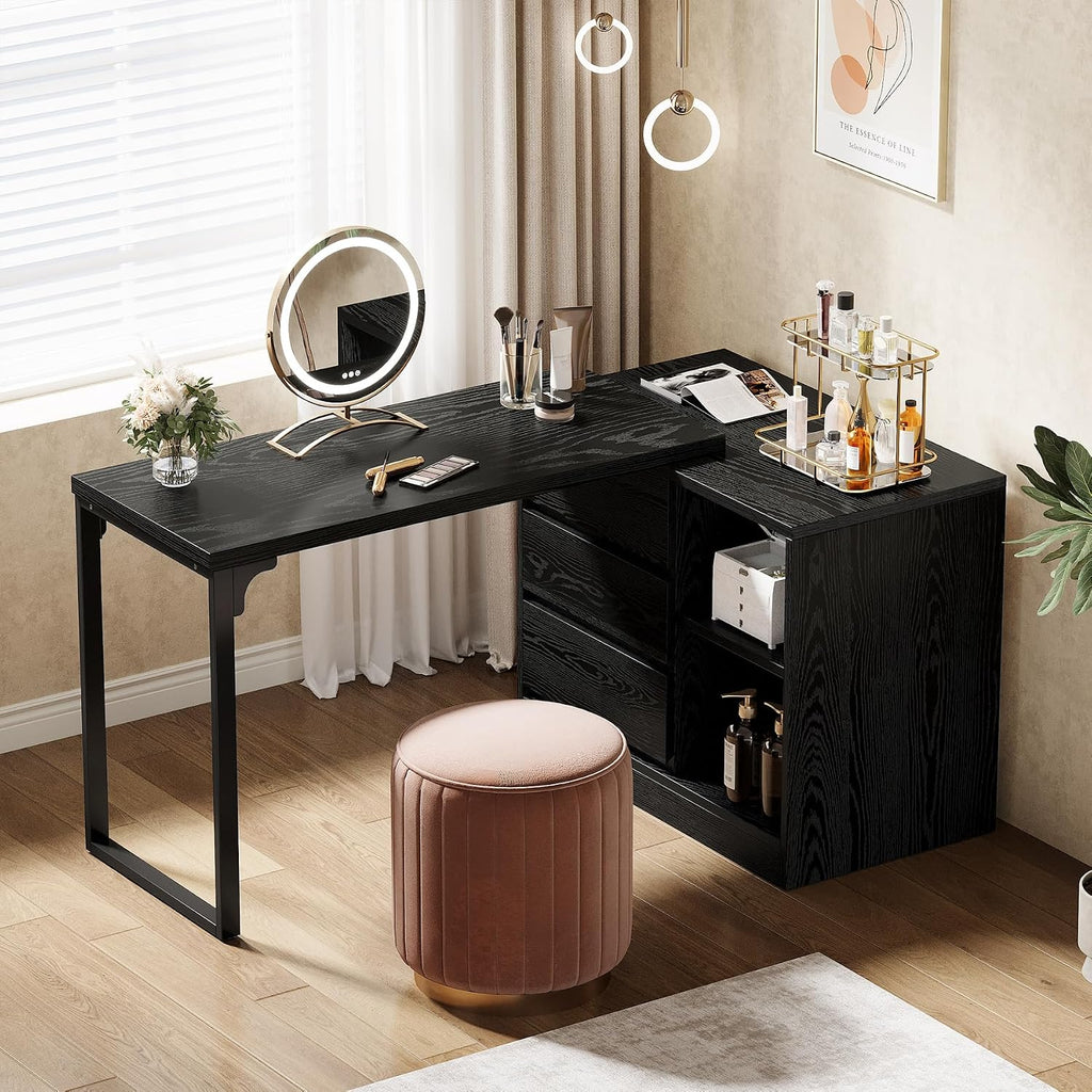 Tribesigns Vanity Desk with 3 Drawers and 2 Shelves, Small Makeup Vanity Table with Reversible Storage Cabinet, Modern Corner Dressing Table for Bedroom, Makeup Room (Without Mirror) (Black)