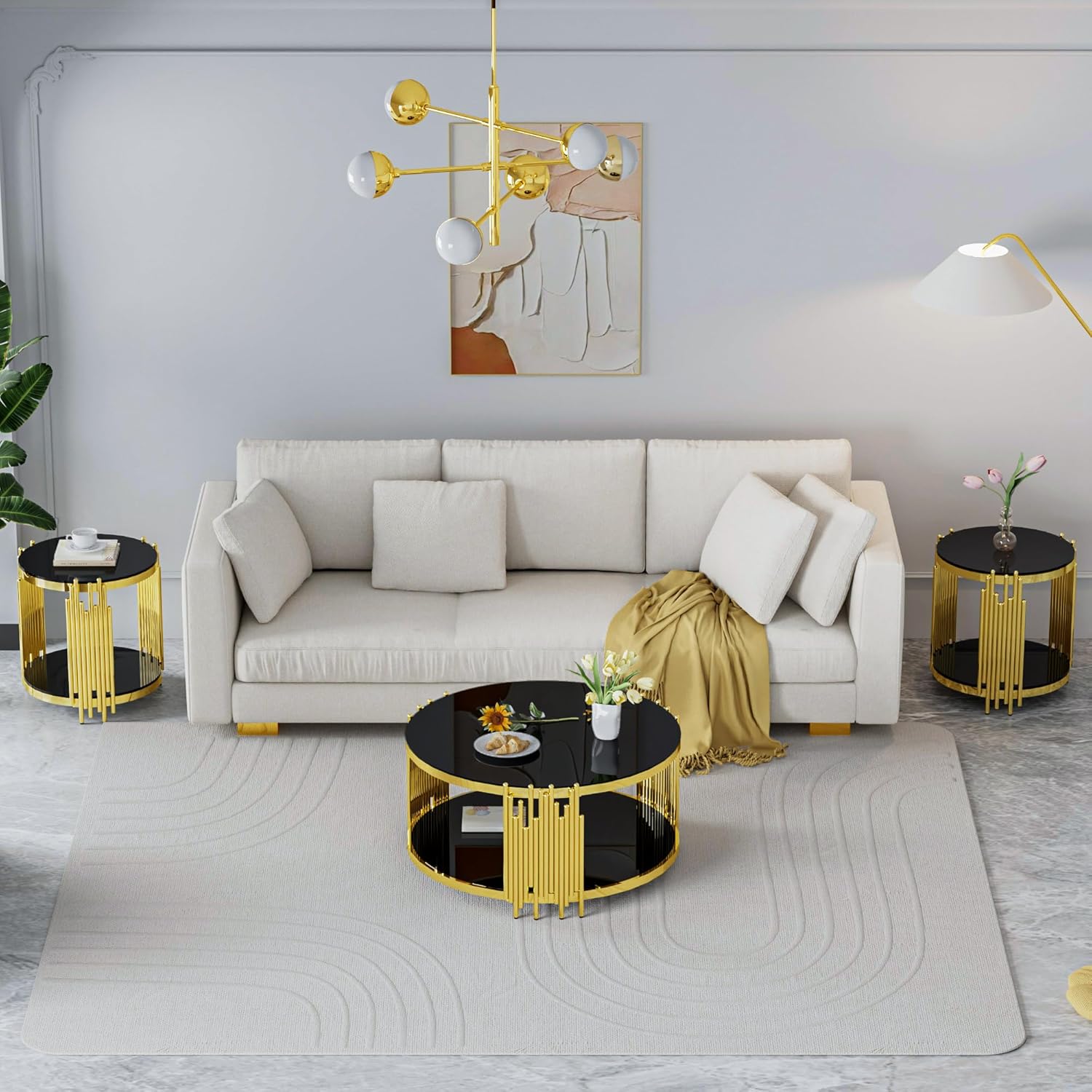 Luxury Gold Round Glass End Table, 19.7' Modern Side Table with Stainless Steel Irregular Leg Black Tempered Glass Tabletop, Accent Furniture for Living Room, Black