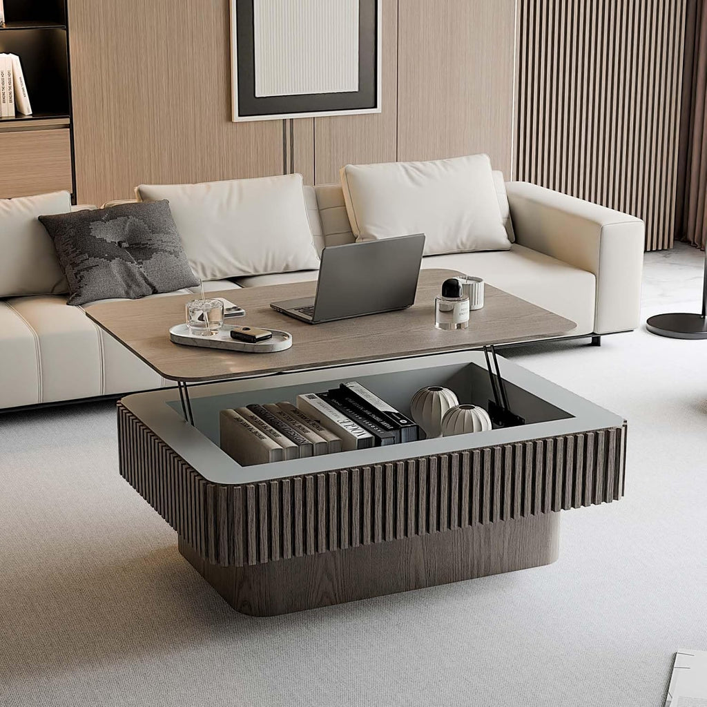 Lift Coffee Table with Storage & Adjustable Height, Rectangle Solid Wood Coffee Table Fluted Center Table Accent Tea Table or Living Room, Apartment, Office (38.6' Grey)