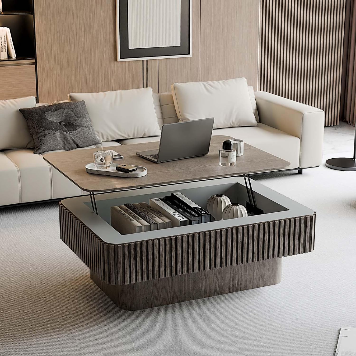 Lift Coffee Table with Storage & Adjustable Height, Rectangle Solid Wood Coffee Table Fluted Center Table Accent Tea Table or Living Room, Apartment, Office (38.6' Grey)