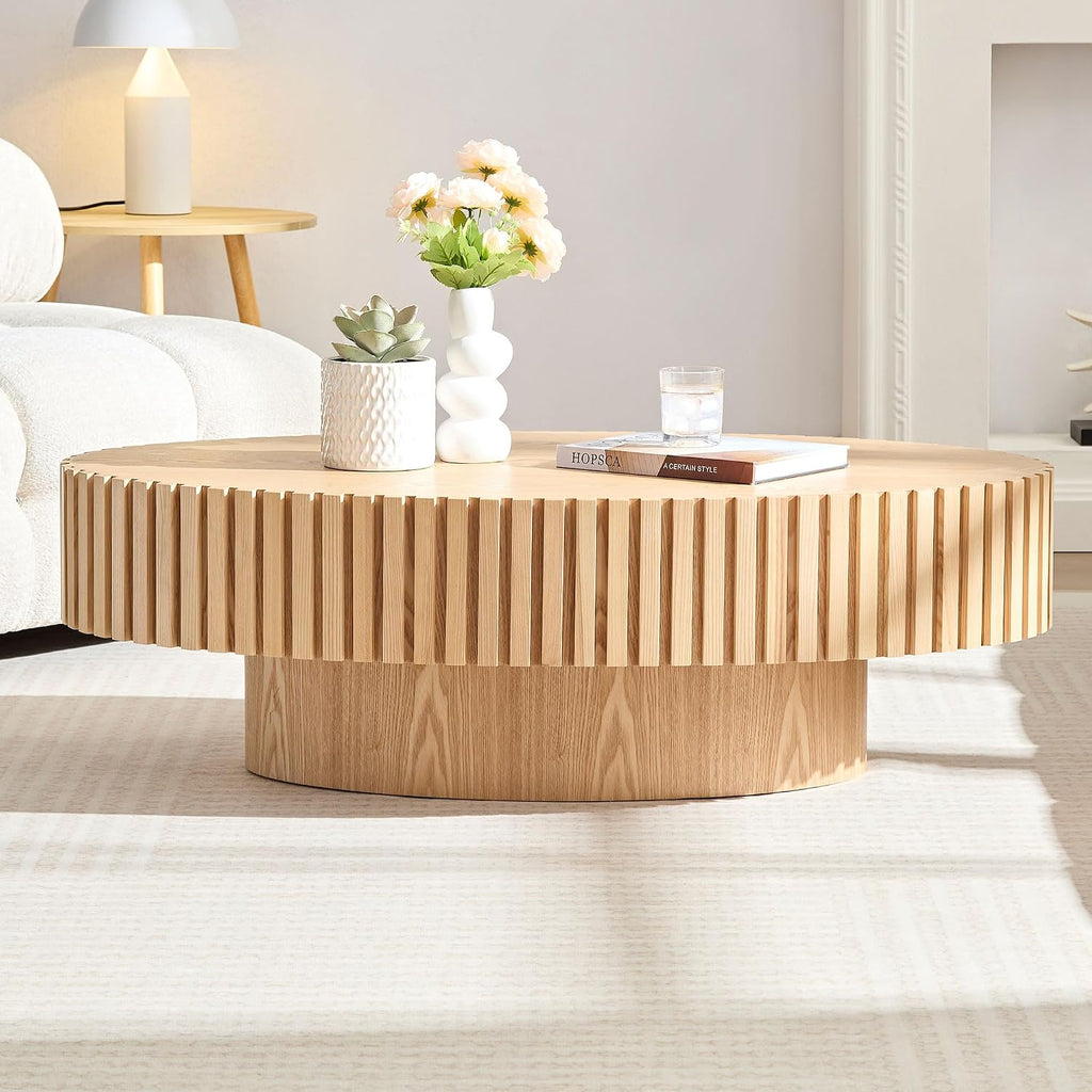 Oak Oval Modern Coffee Table for Living Room, Contemporary Circle Fluted Drum, Easy Assembly, Wood (43.7'' x 24.8'' x 13.38'')