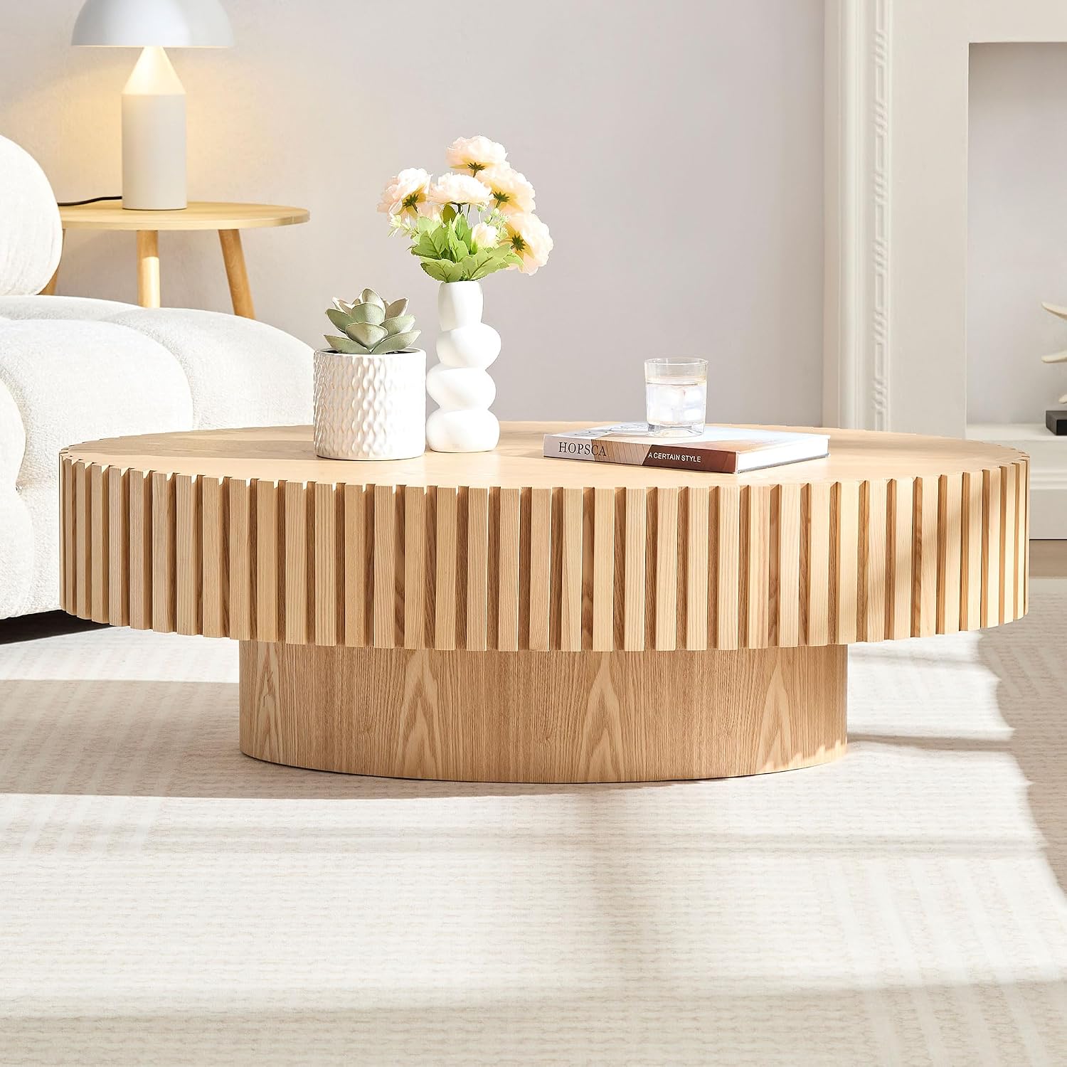 Oak Oval Modern Coffee Table for Living Room, Contemporary Circle Fluted Drum, Easy Assembly, Wood (43.7'' x 24.8'' x 13.38'')