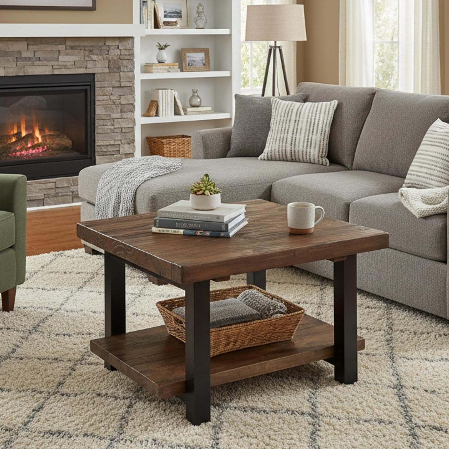 Pomona 27-Inch Square Solid Wood Coffee Table with Metal Legs – Modern Farmhouse Rustic Small Space Table by Alaterre Furniture (Rustic Brown)
