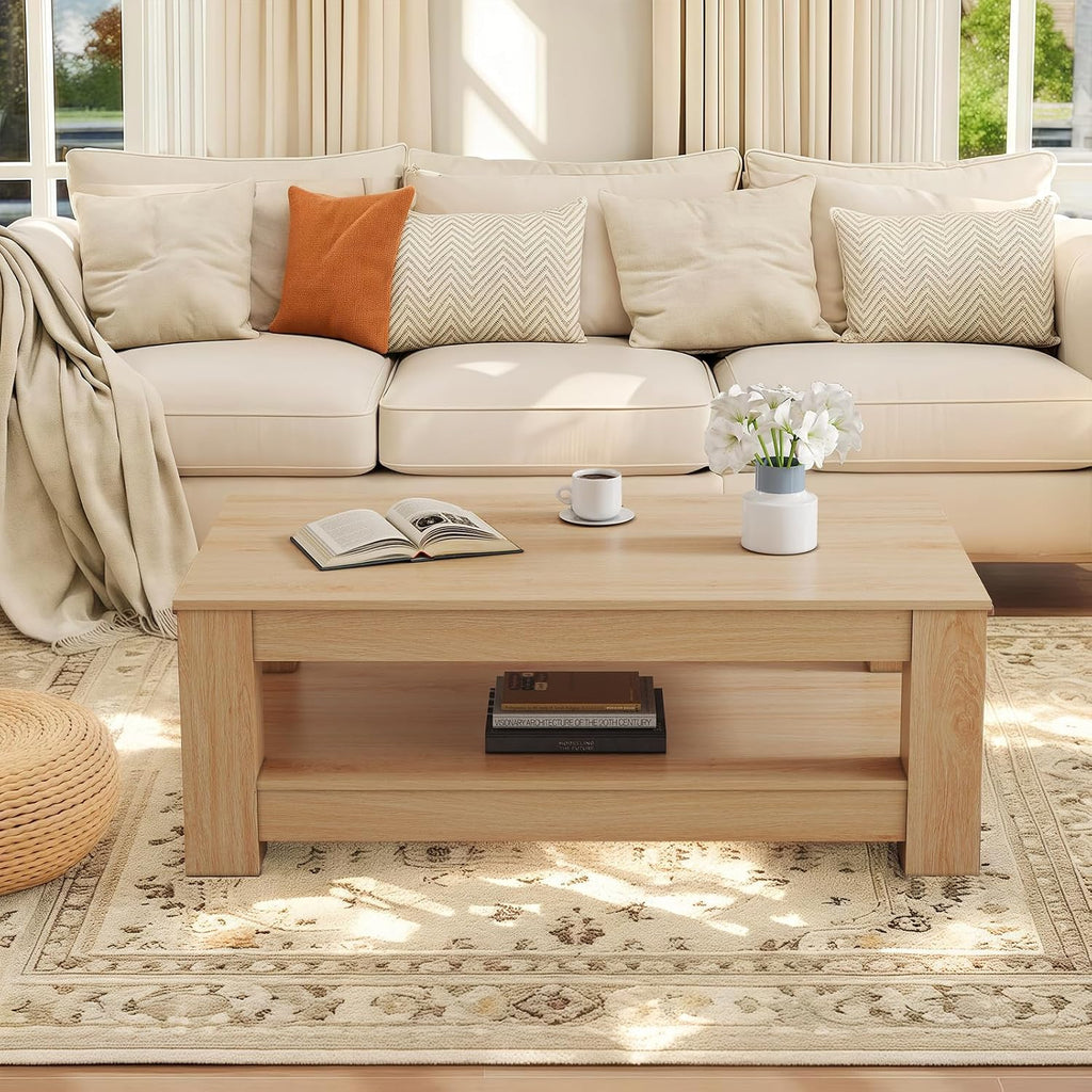 LKTART 43.3' Coffee Table with Storage, 2-Tier Mid Century Rectangular Accent Table with Thick Tabletop, Rustic Style Cocktail, Center Table for Living Room, Office, Apartment (Natural Wood)