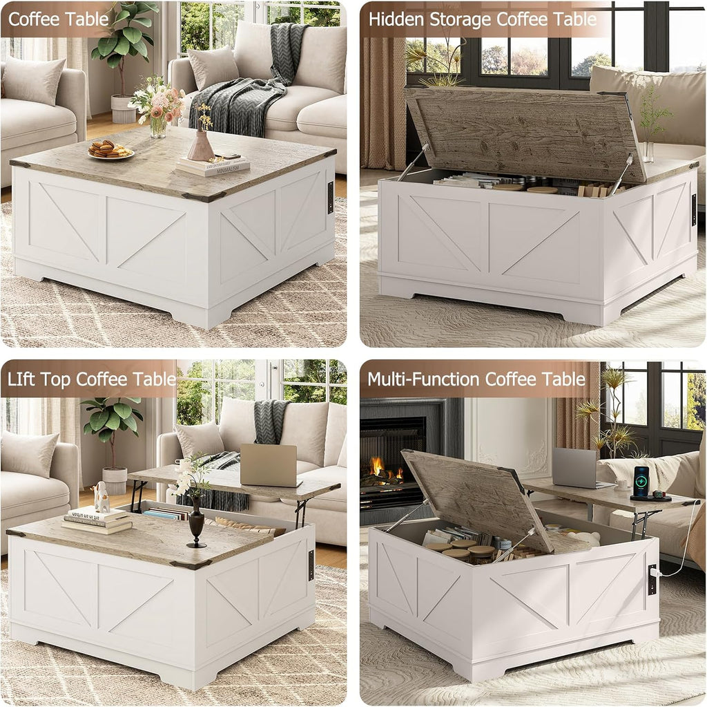EAG 40' Large Farmhouse Lift Top Coffee Table with Hidden Compartment & Power Outlets, Square Wooden Coffee Table with Multi-Function Flip-Top Ample Storage Center Table for Living Room, White