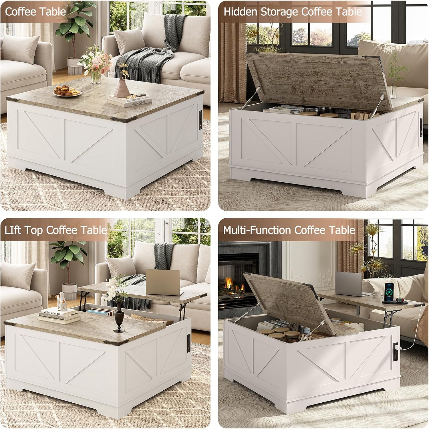 EAG 40' Large Farmhouse Lift Top Coffee Table with Hidden Compartment & Power Outlets, Square Wooden Coffee Table with Multi-Function Flip-Top Ample Storage Center Table for Living Room, White