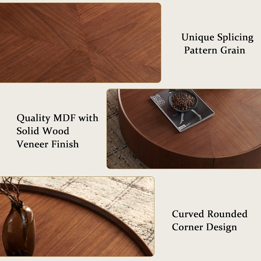 SSLine 35.4-Inch Round Coffee Table with Storage Drawers,Fully Assembled Wooden Coffee Table with Solid Wood Veneered Mid-Century Modern Cocktail Center Tables for Living Room Office Apartment,Walnut