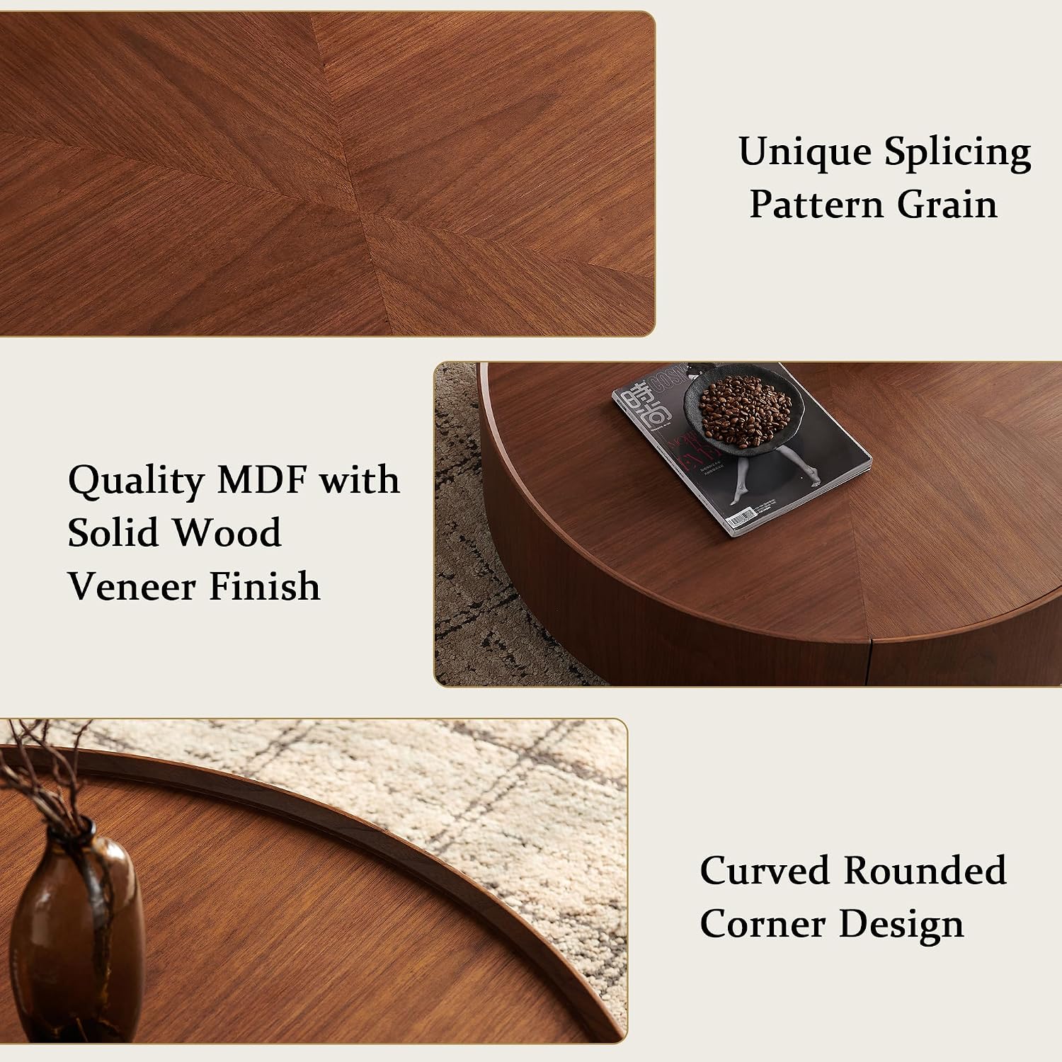 SSLine 39.4-Inch Round Coffee Table with Storage Drawers,Fully Assembled Wooden Coffee Table with Solid Wood Veneered Mid-Century Modern Cocktail Center Tables for Living Room Office Apartment,Walnut