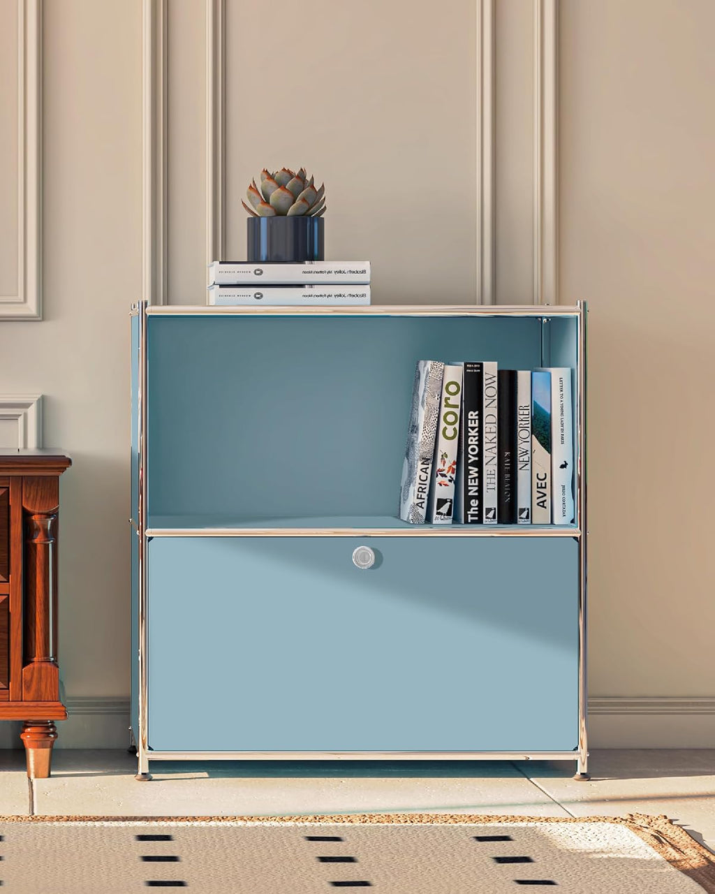 32.5-Inch Flip-Top Storage Cabinet with Detachable Wheels, Metal Side Table and Small Sideboard Cabinet for Living Room, Bedroom, Office, Orange