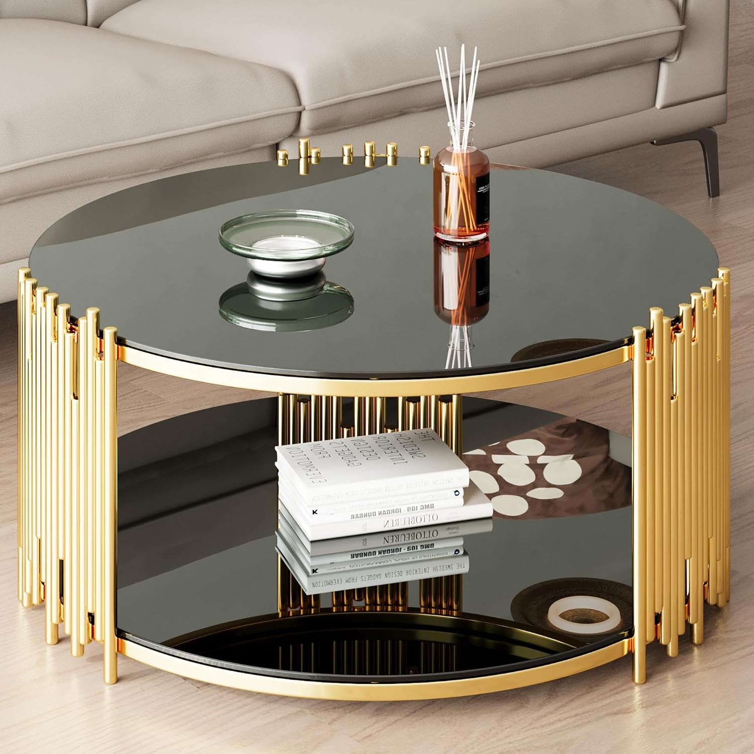 Modern Round Coffee Table, Luxury Black Gold Glass Coffee Table, 36' Center Table Living Room Table, Gold Stainless Steel Irregular Leg, Double-Layer Structure, Black Glass Desktop