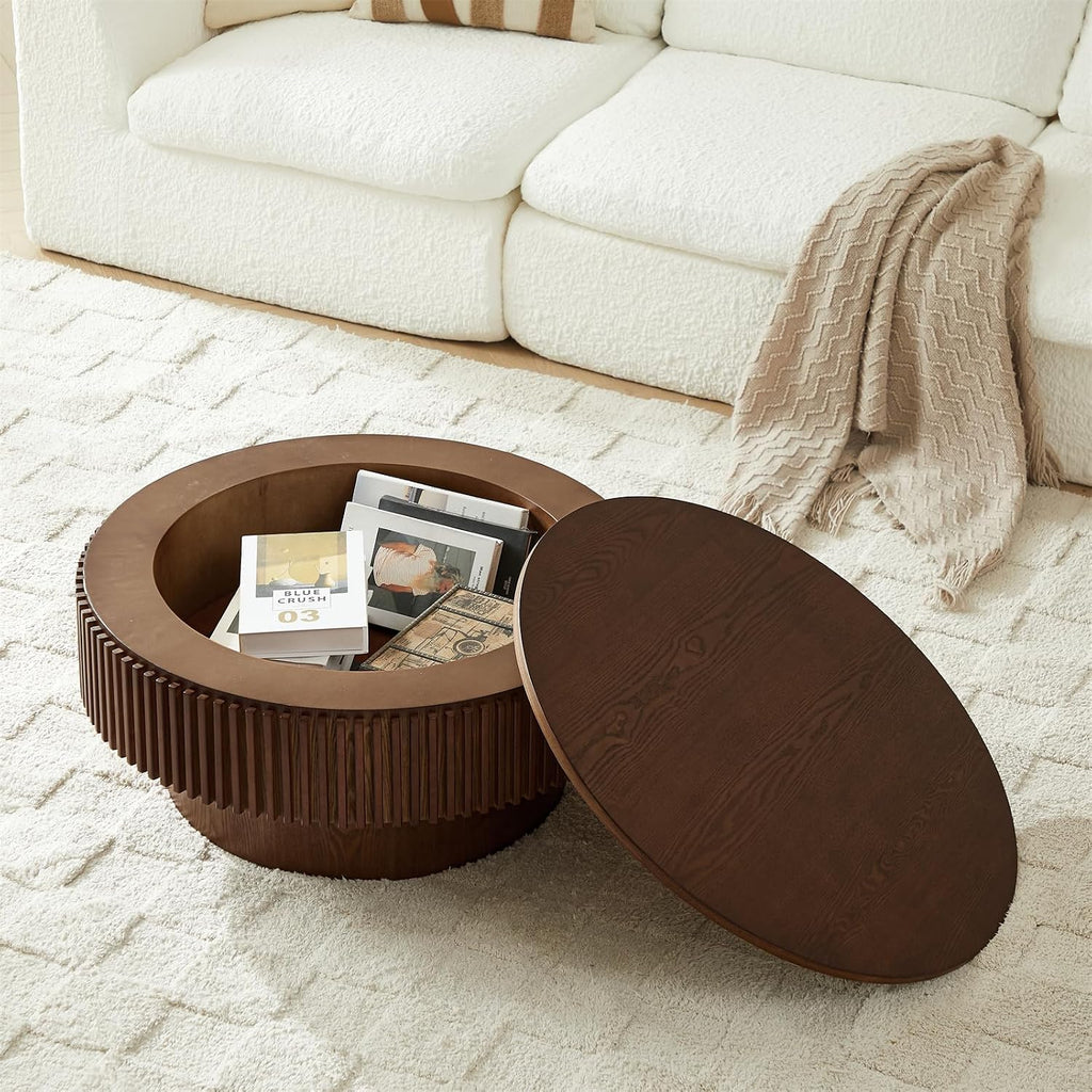 Round Coffee Table for Living Room,Fluted Drum Accent Tea Center Table with Storage,Circle Modern Coffee Tables for Small Space Office Apartment (31.5' L×31.5''W×14''H-Walnut)