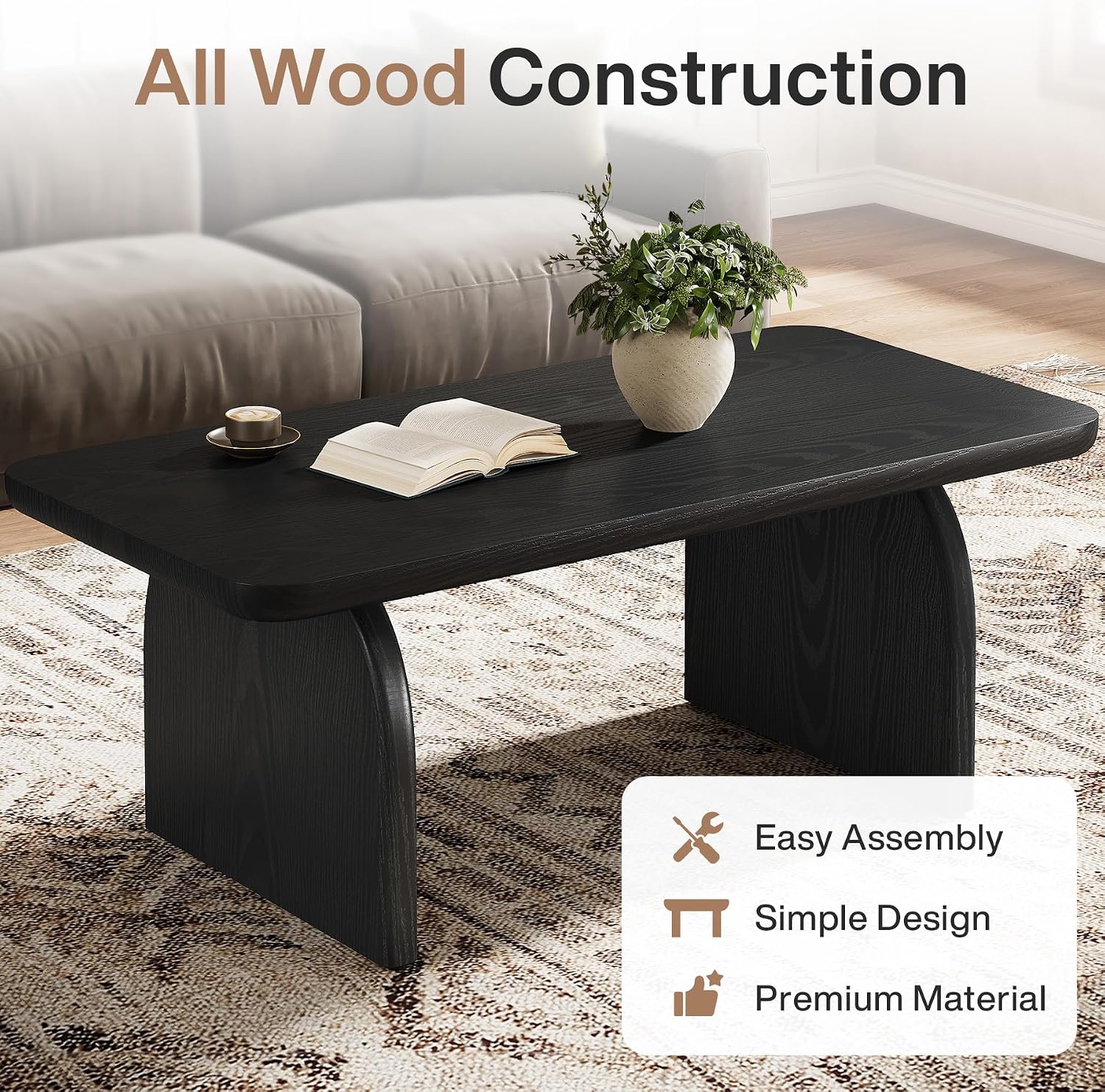 Tribesigns Farmhouse Coffee Table for Living Room, 47-Inch Mid-Century Rectangular Center Table with Rounded Corners, Modern Low Large Cocktail Tea Furniture, Easy Assembly (Black)