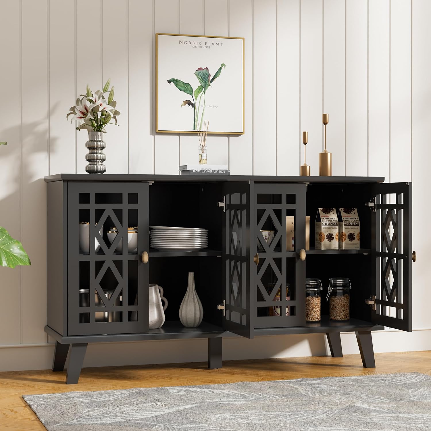 Scurrty 52' Buffet Cabinet with Storage,Sideboard with 4 Doors, Skeletonized Coffee Bar with Storage, Sideboard Cabinet for Dinning Room, Kitchen & Living Room (Black)