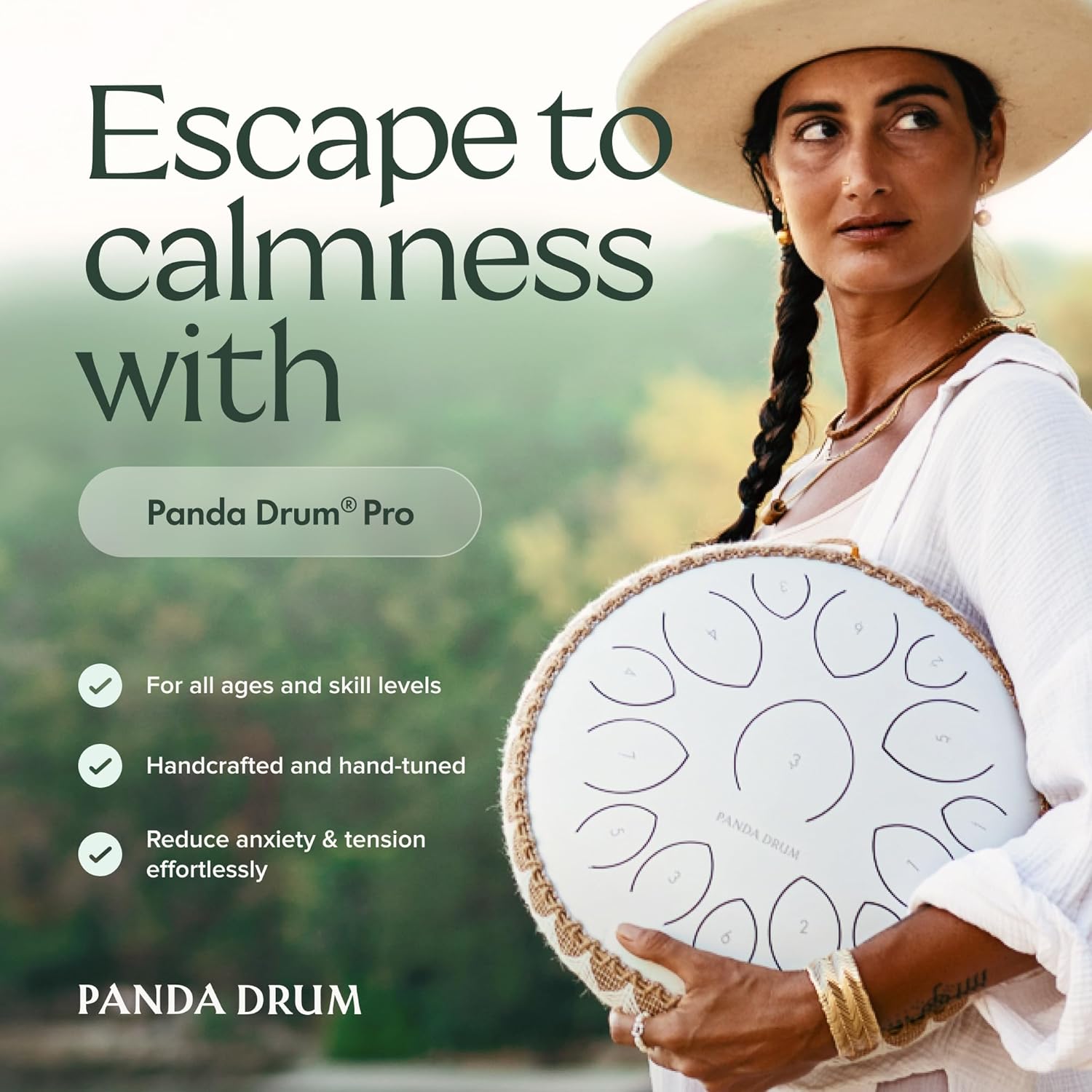 Panda Drum Pro (White) | Steel Tongue Handpan with Music Book, Mallets, Carrying Bag & Finger Picks | 15 inch, 432 Hz | Rain Drum for Inside & Outside | Calming Musical Instrument for Adults & Kids