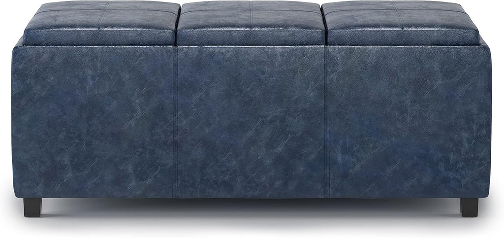 SIMPLIHOME Avalon Storage Ottoman - 42 inch Wide Upholstered Vegan Leather Rectangular Flip-Top Ottoman in Denim Blue, Contemporary Coffee Table Ottoman for Living Room with Hidden Storage