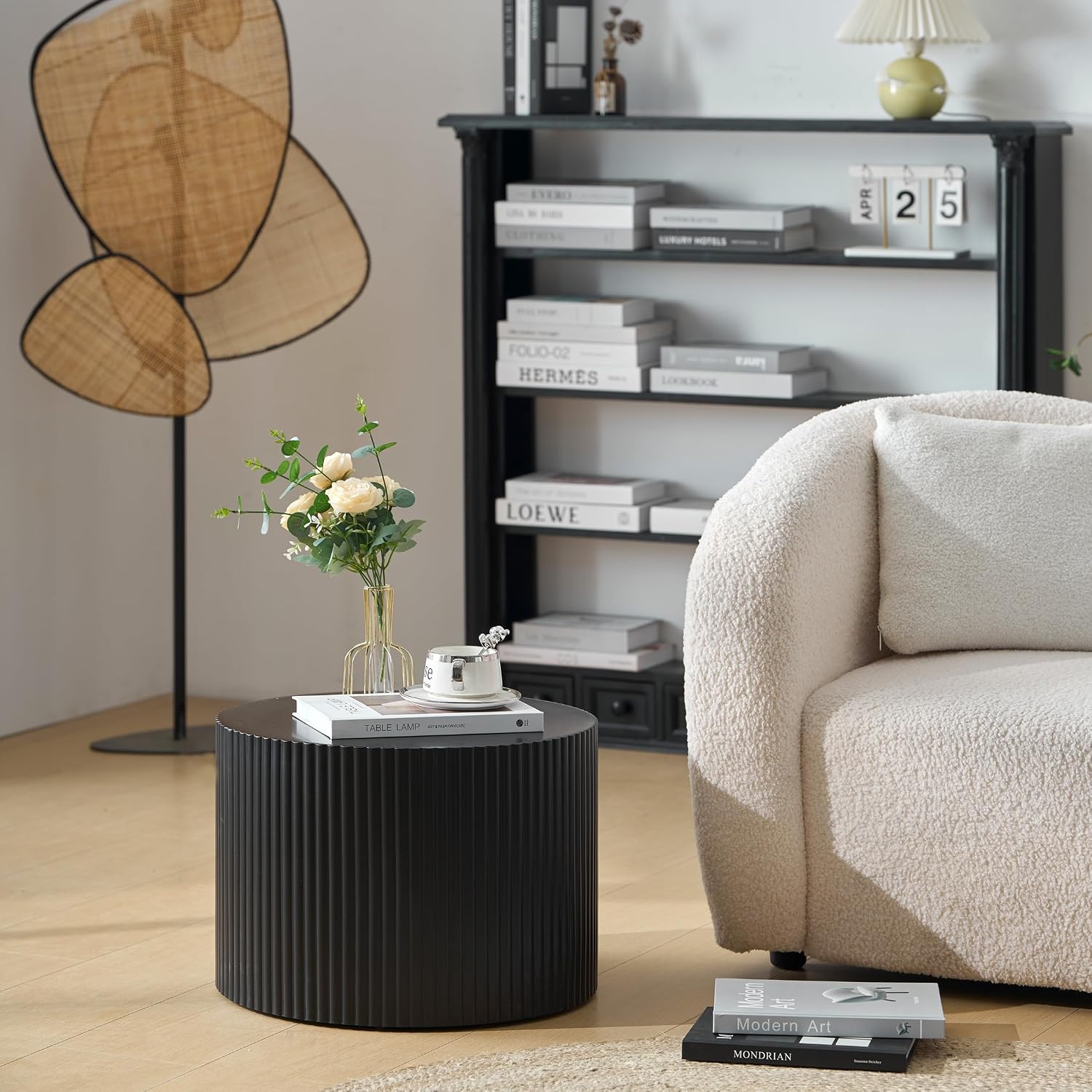 Nesting Coffee Table Set of 2, Modern Drum Side End Wave Stripe Round Coffee Table for Living Room, Bedroom, Black