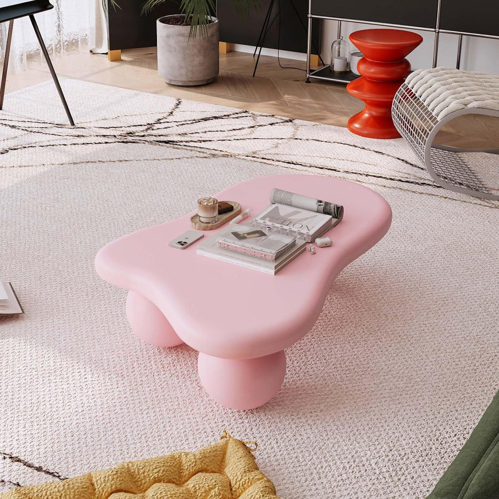40' Modern Small Coffee Table Cloud Shape Low Center Table Cute Irregular Indoor Tea Table with 3 Ball Legs for Living Room Small Space