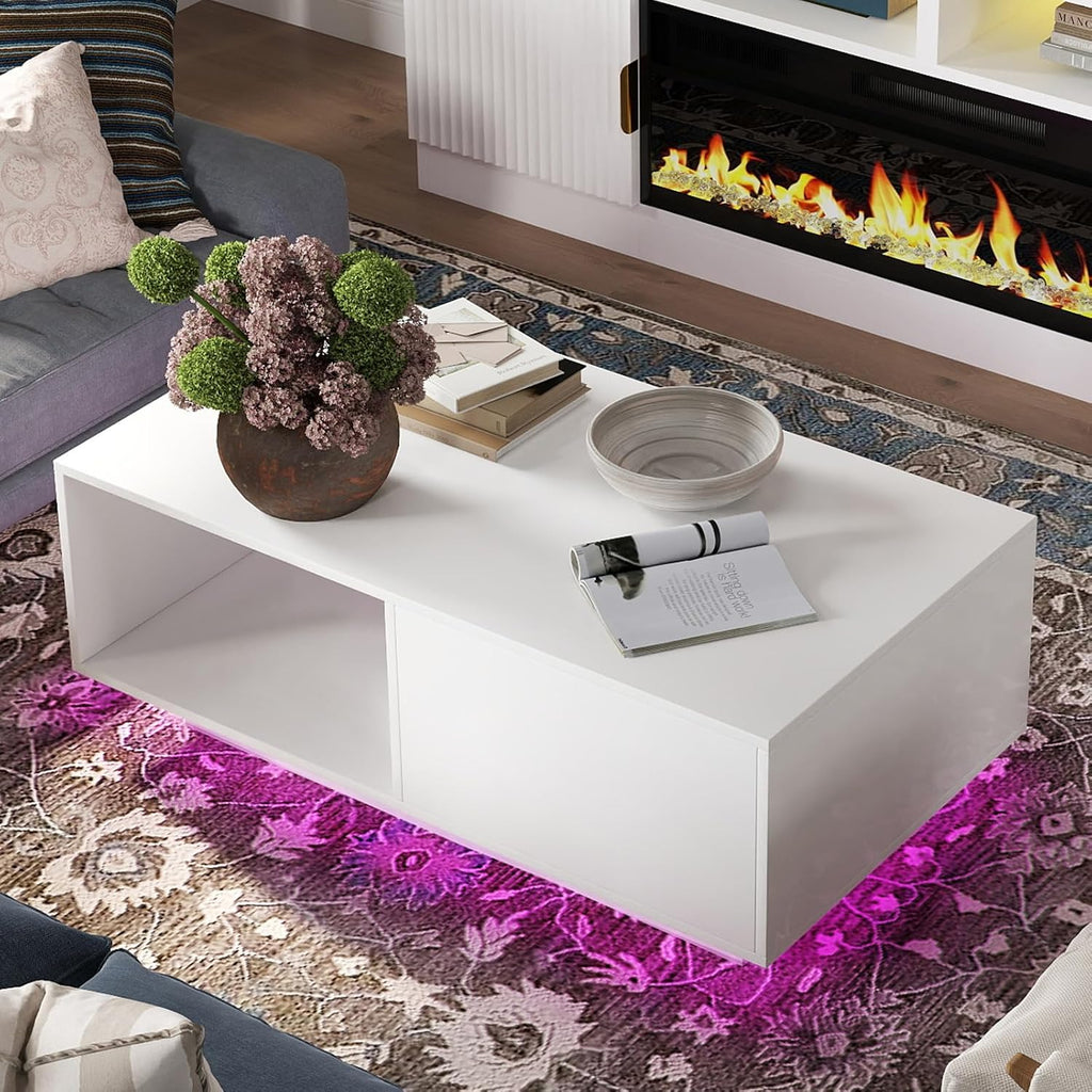 LED White Coffee Table for Living Room with Drawer & 16 Colors Lights, 43.3IN High Gloss Modern Coffee Table with Storage Space, Rectangle Side Central Table