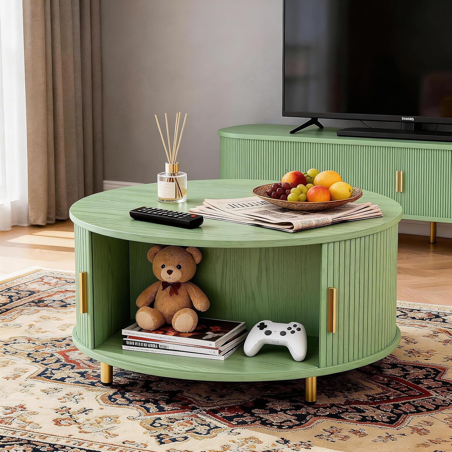 DHH Round Coffee Table, 31.5' Mid Century Modern Coffee Table with 360° Sliding Tambour Door, Fluted Accent Table with Storage Adjustable Footpads for Living Room (Green)