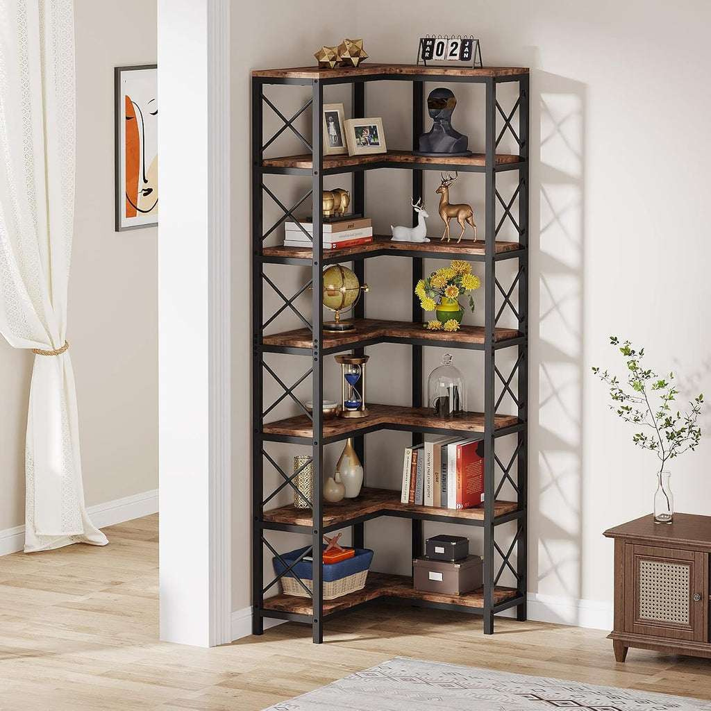 LITTLE TREE 7-Tier Tall Corner Book Shelf,Rustic Brown Corner Bookshelf, Modern Bookcase Metal Storage Shelves for Bedroom Living Room or Home Office