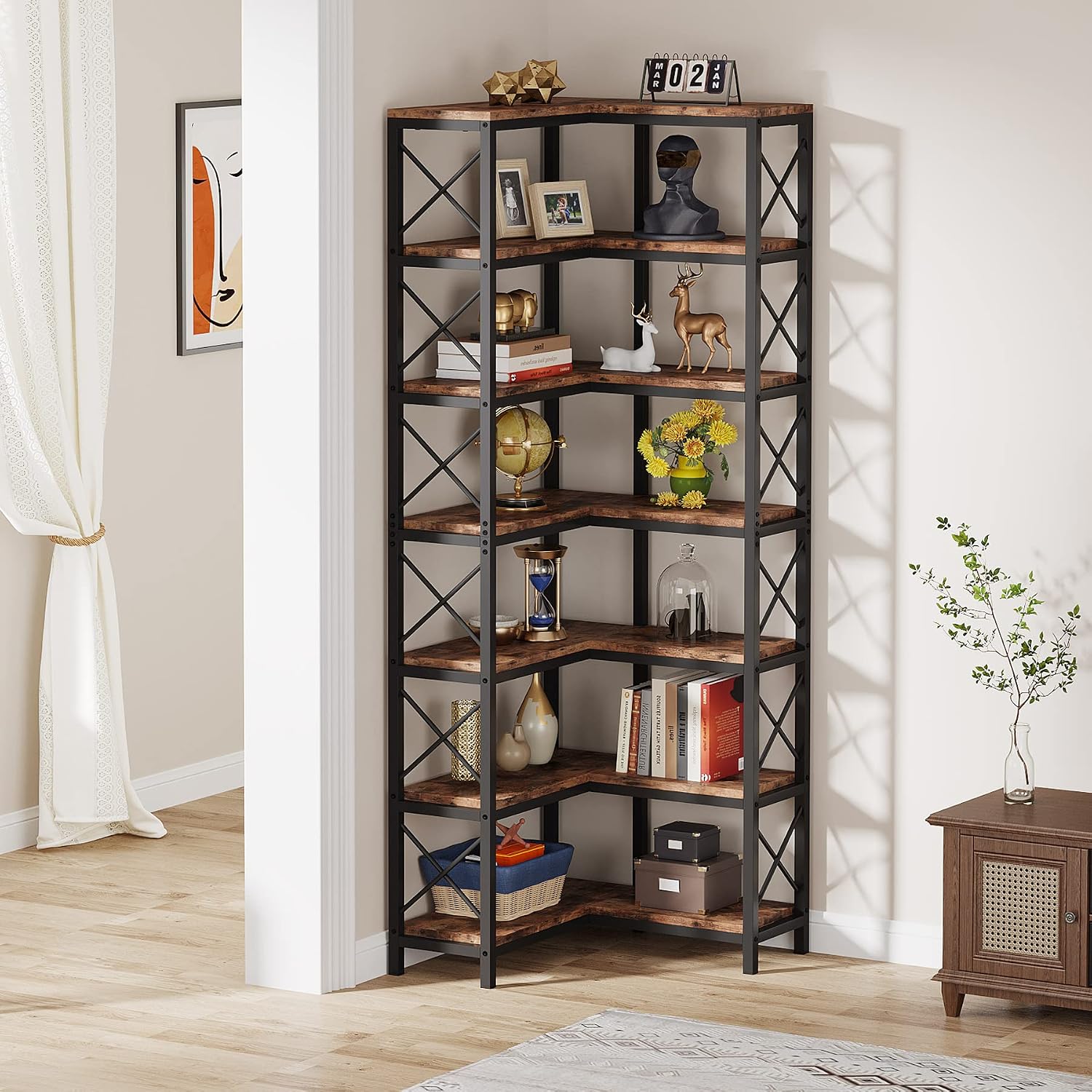 LITTLE TREE 7-Tier Tall Corner Book Shelf,Rustic Brown Corner Bookshelf, Modern Bookcase Metal Storage Shelves for Bedroom Living Room or Home Office
