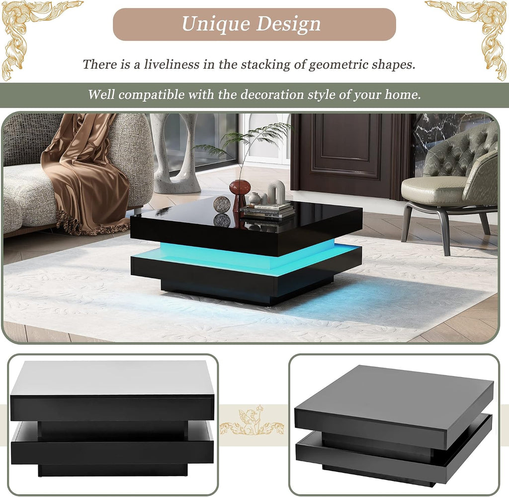 Merax Modern Minimalist Design High Gloss 31.5 x 31.5 inch 2-Tier Square Coffee Table with Plug-in 16-Color LED Lights for Living Room, Black