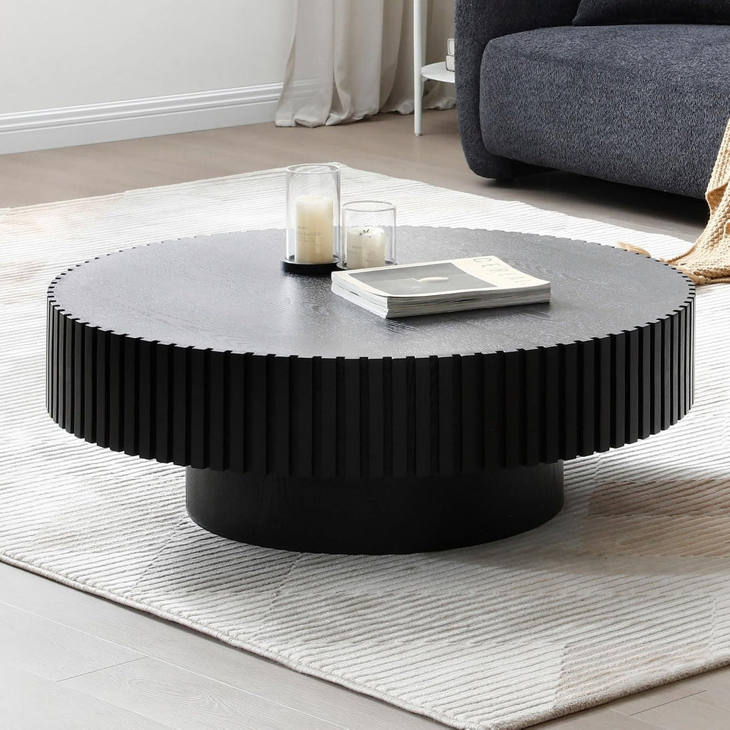 JUSTONE 31.5' Modern Farmhouse Black Round Coffee Table - Wood Drum Accent Table for Living Room,Handcrafted Relief Carving,ø31.5' x 13.8'H (Black)