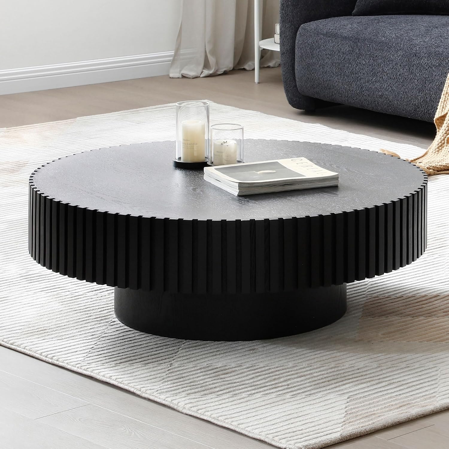 JUSTONE 39.4' Black Round Coffee Table for Living Room - Modern Farmhouse Walnut Drum Center Table with Artisanal Carved Detailing, No Assembly(39.4' Diameter x 13.4' Height)