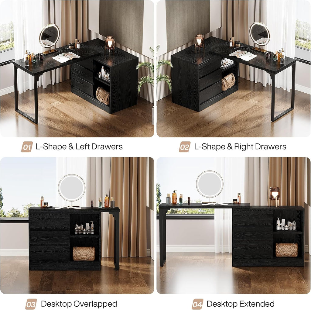 Tribesigns Vanity Desk with 3 Drawers and 2 Shelves, Small Makeup Vanity Table with Reversible Storage Cabinet, Modern Corner Dressing Table for Bedroom, Makeup Room (Without Mirror) (Black)