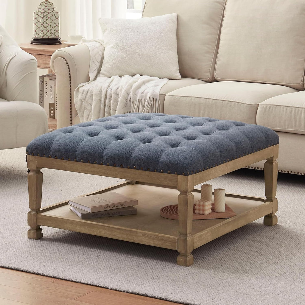 Ottoman Coffee Table,Square Wooden Upholstered Tufted Ottoman Foot Rest with Storage, Padded Linen Coffee Tables for Farmhouse Lliving Room (Blue)