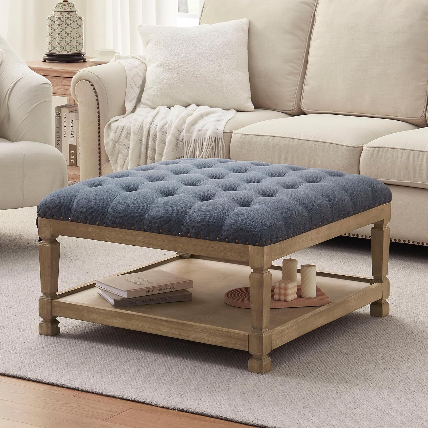 Ottoman Coffee Table,Square Wooden Upholstered Tufted Ottoman Foot Rest with Storage, Padded Linen Coffee Tables for Farmhouse Lliving Room (Blue)