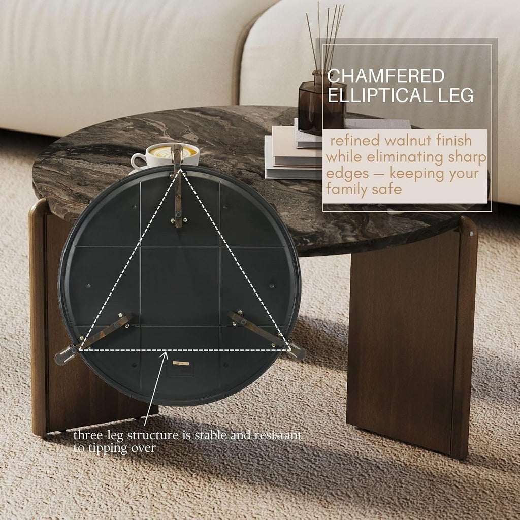 Travertine Texture Coffee Table 31.5 inch Modern Faux Marble Coffee Table Low Circle Center Table for Living Room Round Accent Table with Three-Legs for Apartment, Dark Grey