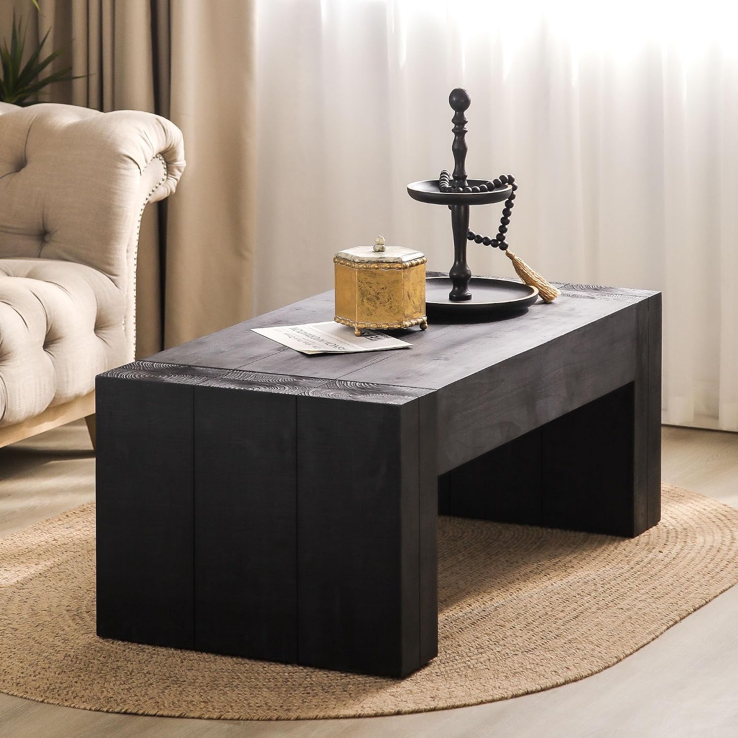 SSLine Rustic Wood Coffee Table Farmhouse 49.4' Rectangular Cocktail Center Table for Living Room Thicken Fir Wood Table Top (Black Wood Grain)