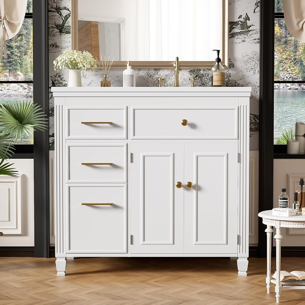 Merax 36' Bathroom Vanity with Ceramic Sink Set Combo, Tip-Out Drawer, Storage Cabinet Organizer with 2 Doors and Adjustable Shelf, White