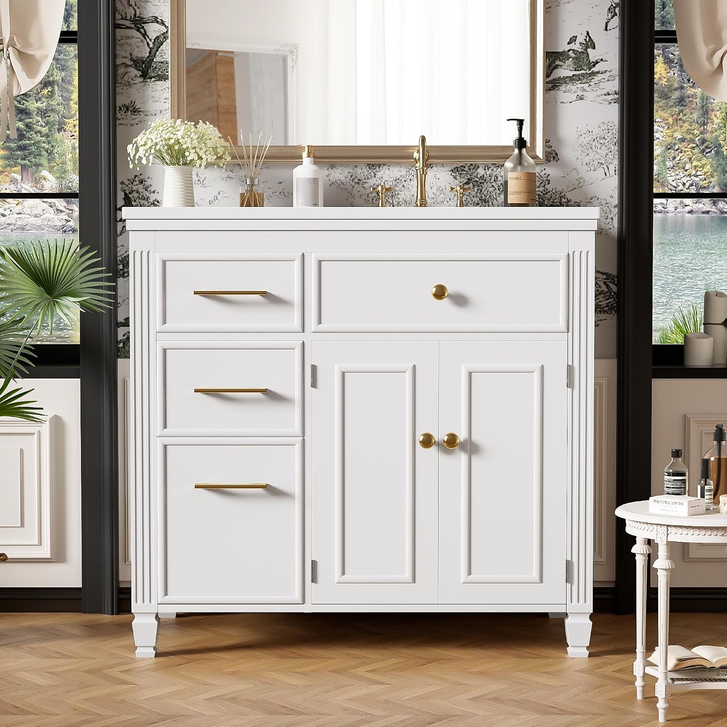 Merax 36' Bathroom Vanity with Ceramic Sink Set Combo, Tip-Out Drawer, Storage Cabinet Organizer with 2 Doors and Adjustable Shelf, White