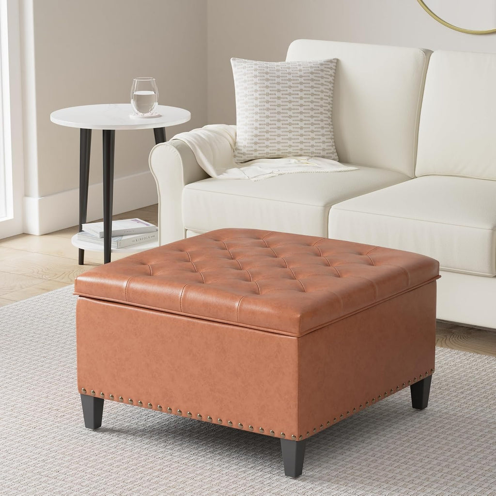 Homebeez Faux Leather Storage Ottoman Bench, Square Coffee Table Footstool Footrest with Wood Legs for Living Room (Cognac Brown)