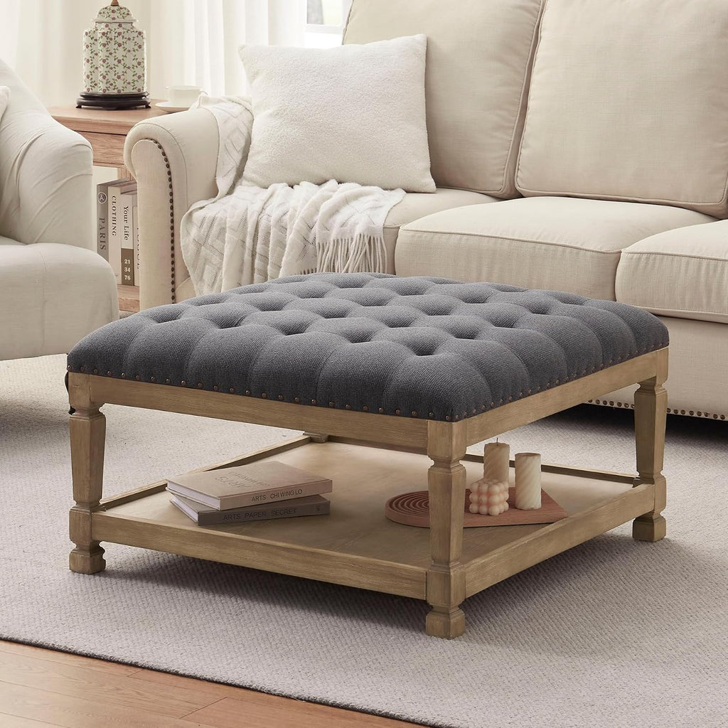 Ottoman Coffee Table,Square Wooden Upholstered Tufted Ottoman Foot Rest with Storage, Padded Linen Coffee Tables for Farmhouse Lliving Room (Dark Grey)