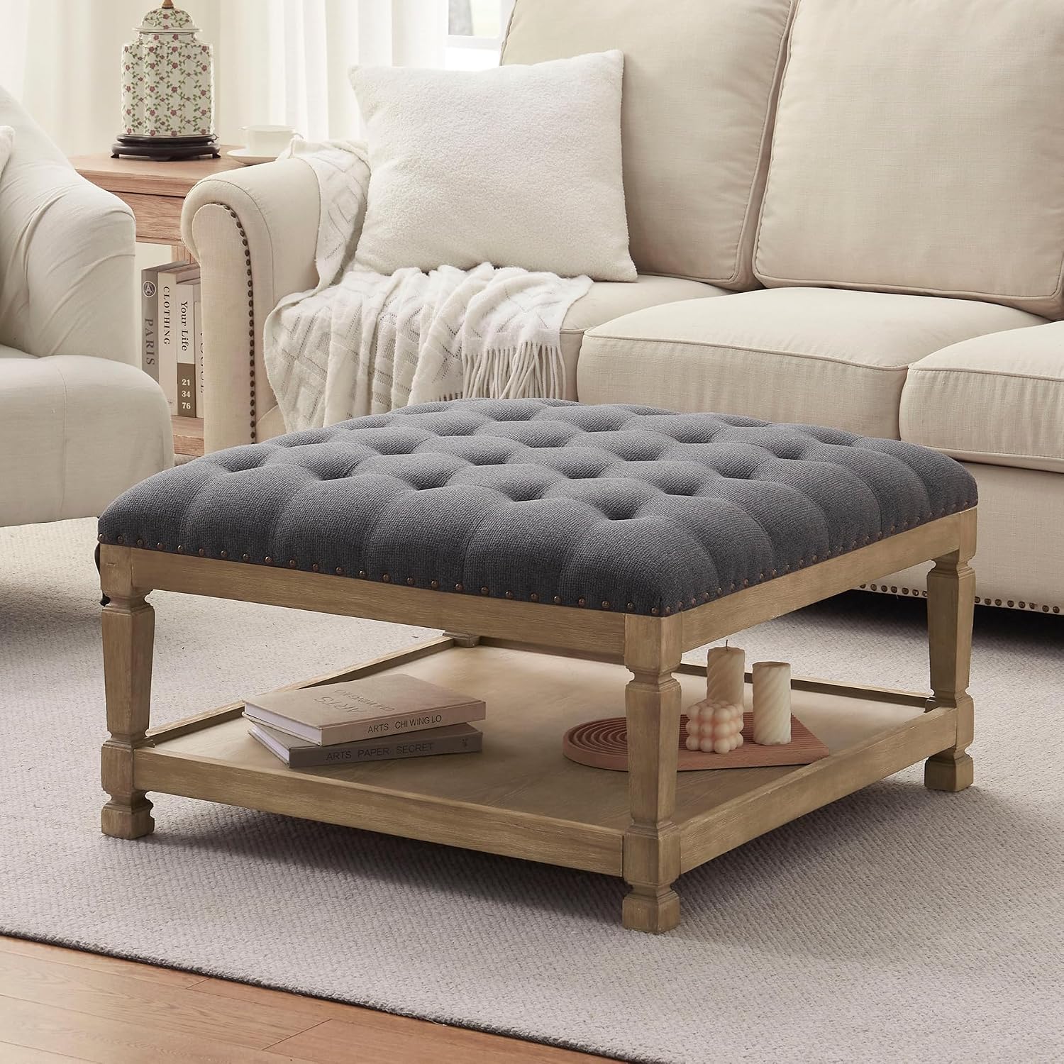 Ottoman Coffee Table,Square Wooden Upholstered Tufted Ottoman Foot Rest with Storage, Padded Linen Coffee Tables for Farmhouse Lliving Room (Dark Grey)