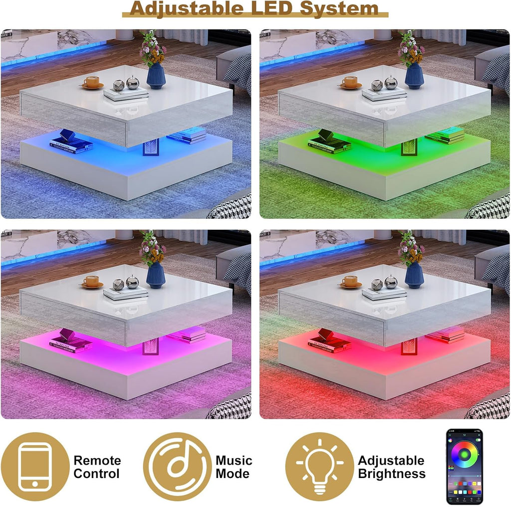 jiteentarou 33.9' LED Coffee Table with Storage, Modern High Glossy Living Room Table w/2 Drawers,Double-Layer Design Large Square Center Table for Living Room, Home, Office, White