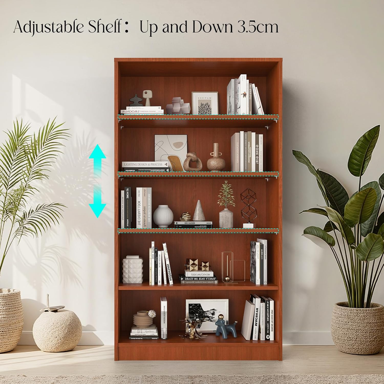 Farini 60 Inch Tall 5-Shelf Bookcase, Wood Bookshelf Storage Organizer Adjustable Shelf for Home Office, Study Room, Easy Assembly,Cherry