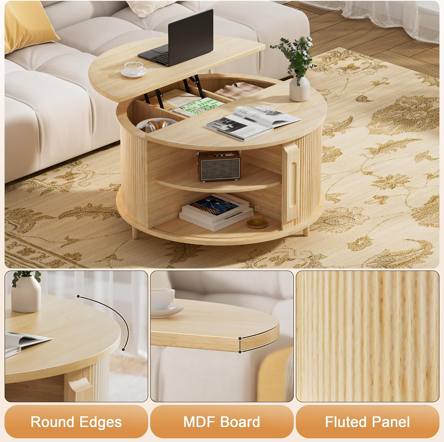 Round Lift Top Coffee Table, 31.5' Fluted Wood Lift Up Center Table with Sliding Door & Hidden Storage – Mid Century Modern Circle Coffee Table for Living Room, Apartmentm, Home Office (Natural)