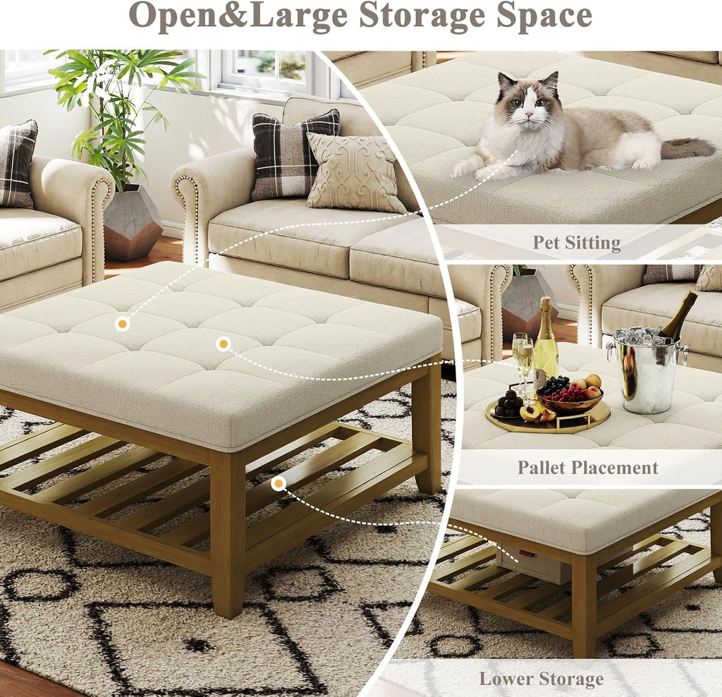 Befurtori Large Square Ottoman Coffee Table, Linen Solid Upholstered Footrest Ottoman with Solid Wood Shelf Storage Tufted Coffee Table for Bedroom Living Room, Ivory