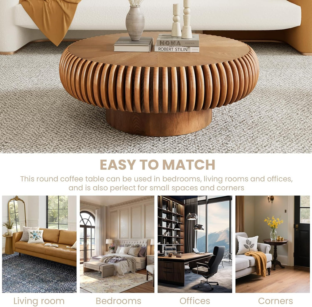 Fluted Drum Coffee Table Round Coffee Table for Living Room Mid Century Modern Coffee Tables with Sturdy Pedestal Circle Center Tea Table Accent Tea Table for Small Space Apartment (31.5' Brown)